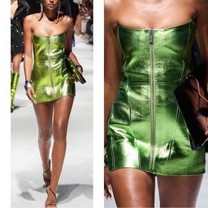 RETROFETE Sylvie Strapless Metallic Leather Zip Front Green Mini Dress Size M